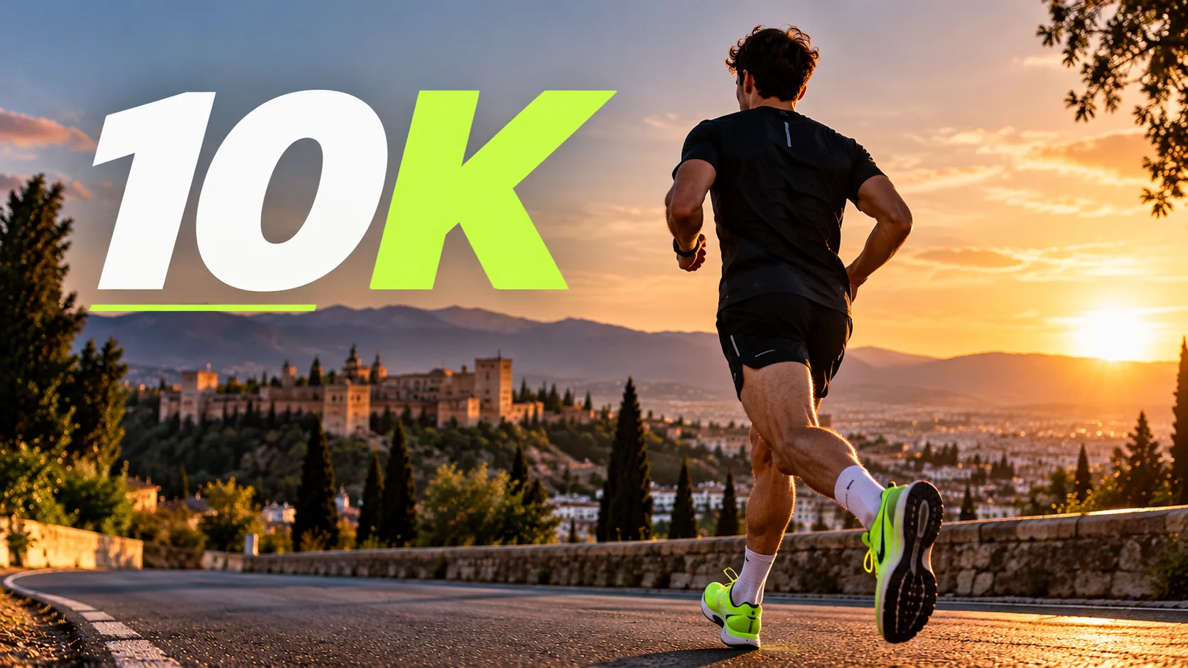 Corredor preparando un 10K al atardecer, con la ciudad al fondo.