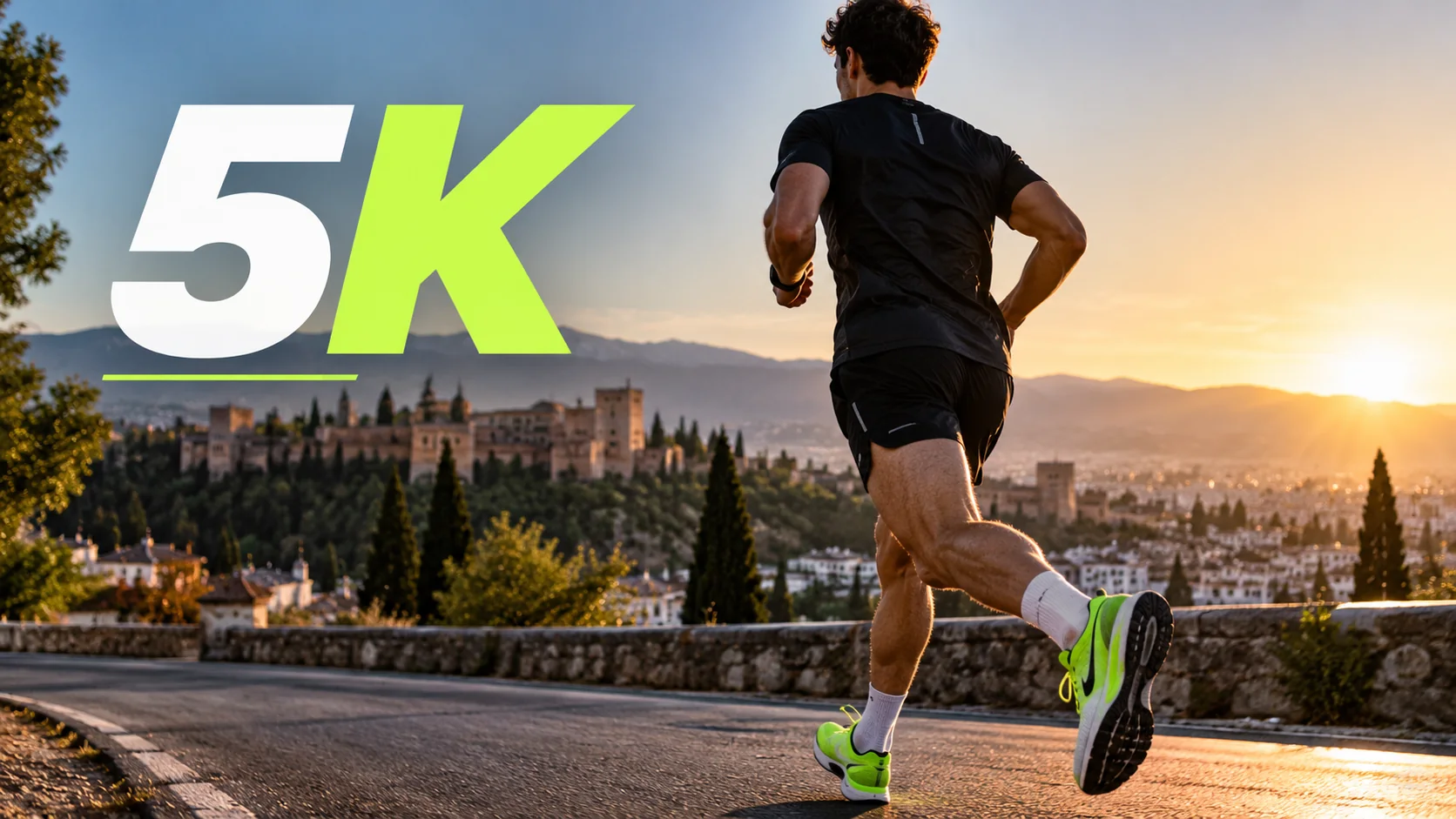 Corredor afrontando un 5K al atardecer, con la ciudad al fondo.
