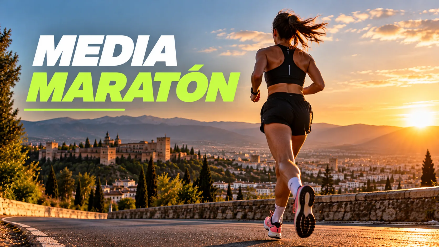 Corredora afrontando una media maratón al atardecer, con la ciudad al fondo.