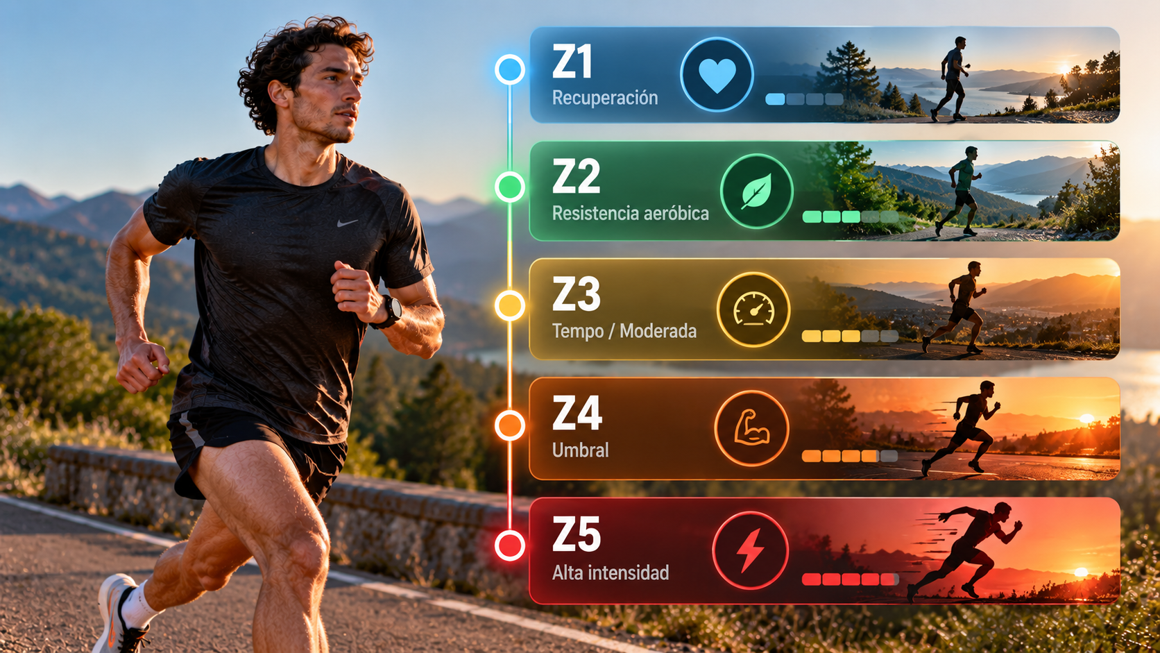 Infografía con las zonas de recuperación, aeróbica, tempo, umbral y alta intensidad