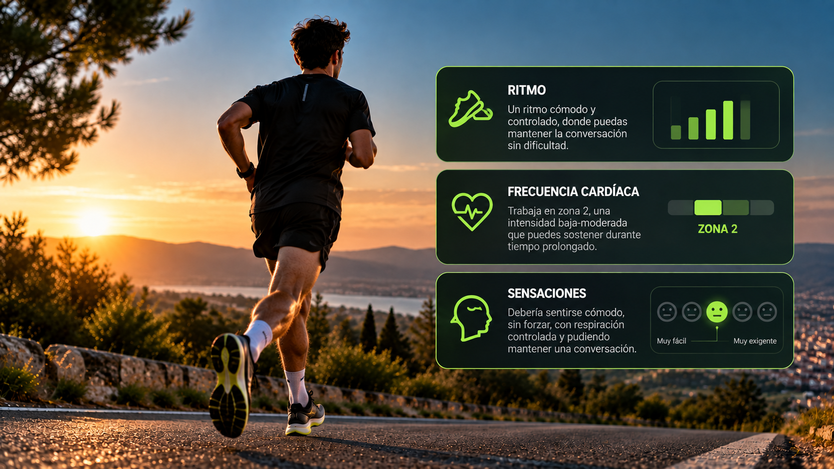 Infografía que compara ritmo, frecuencia cardíaca y sensaciones para controlar la intensidad de un rodaje suave