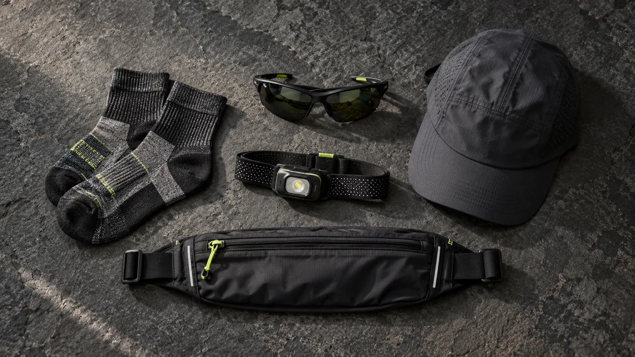 Calcetines, cinturón, gorra, gafas y luz frontal dispuestos sobre una superficie oscura.