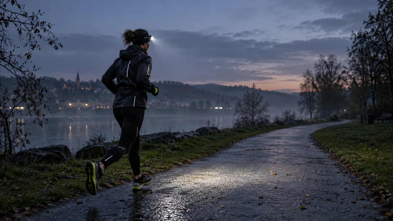 Corredor con cortavientos, detalles reflectantes y luz frontal en un camino al anochecer.