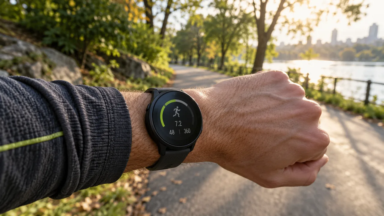 Reloj deportivo en la muñeca de un corredor, con el camino del parque al fondo.