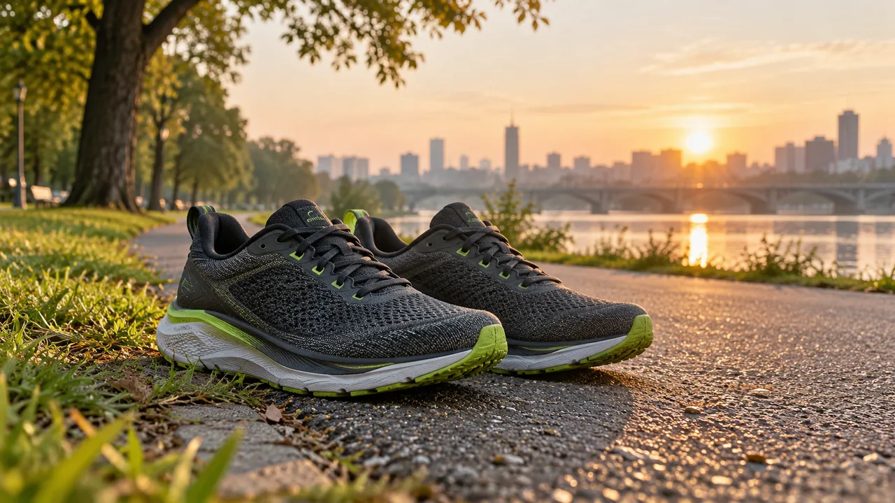 Zapatillas de running junto a un camino de parque al amanecer.