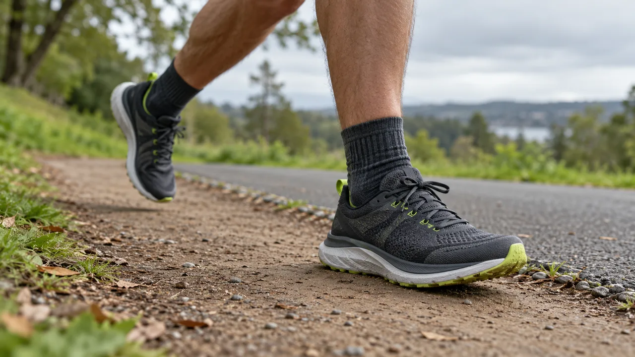 Zapatillas de running en un camino de tierra junto a un tramo de asfalto.